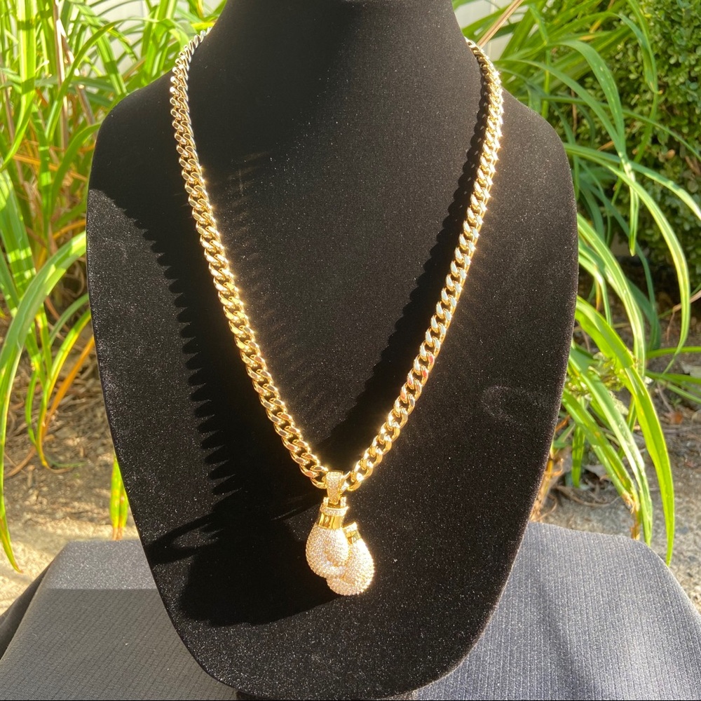 Gold Chain Cuban Necklace 8mm and Icy Boxing Gloves Pendant Set